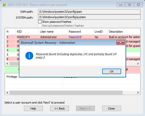 Elcomsoft System Recovery: found user account passwords