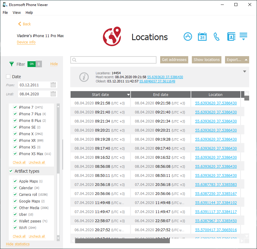 Elcomsoft Phone Viewer: Aggregated locations