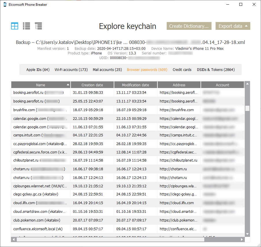 Elcomsoft Phone Breaker: explore keychain